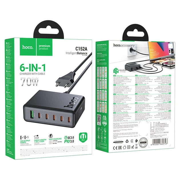 СЗУ Hoco C152A Modern PD70W 6-port(5C1A) desktop charger(EU) Black - изображение 2
