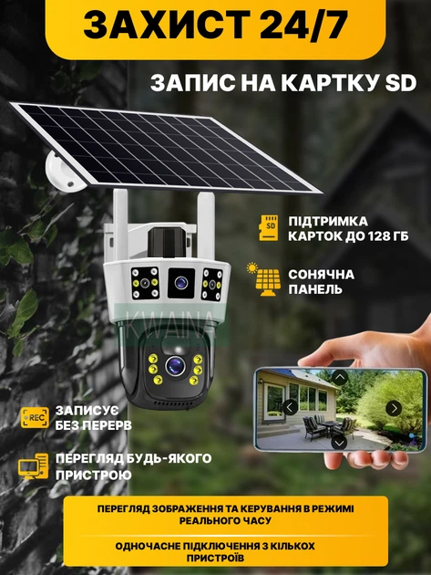 Уличная WiFi-камера с солнечной панелью оснащенная двумя объективами и функцией поворота на 360°, цветное ночное видение, двусторонняя аудиосвязь, Белая - изображение 6
