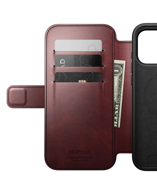 Кожаный чехол-книжка Nomad Modern Folio Horween Burgundy для iPhone 17 Pro - Фото 4 Кожаный чехол-книжка Nomad Modern Folio Horween Burgundy для iPhone 17 Pro - изображение 4