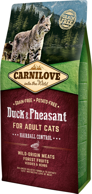 Сухий корм для дорослих кішок Carnilove Cat Duck&Pheasant Hairball Control для виведення шерстяних грудок 6 кг (8595602512331) - зображення 1