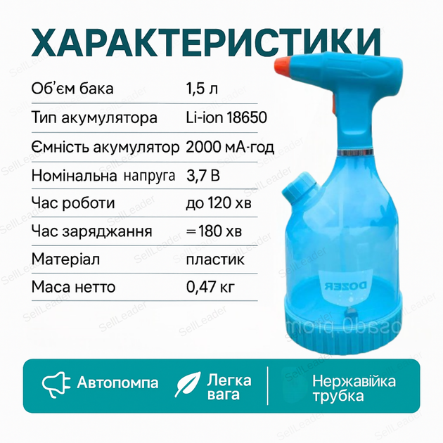 Опрыскиватель 1,5 л аккумуляторный распылитель AGM 12В для удобрений пульверизатор телескопическая ручка - изображение 3