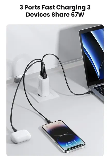 Зарядное устройство ASOMETECH GaN 67W PPS PD+QC4.0 3-порта (USB + 2 Type-C) для ноутбука планшета смартфона - изображение 5