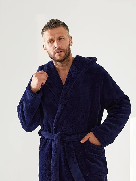 Мужской махровый длинный халат с капюшоном цвет темно синий M-XXL размер 46-52 - изображение 6