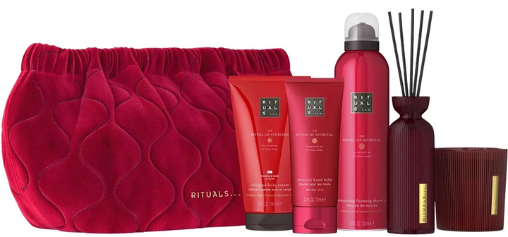 Набір Rituals The Ritual Of Ayurveda Large 2025 Ароматична свічка 140 г + Бальзам для рук 70 мл + Гель-пінка для душу 200 мл + Крем для тіла 150 мл + Міні ароматичні палички 70 мл (8719134203240) - зображення 1