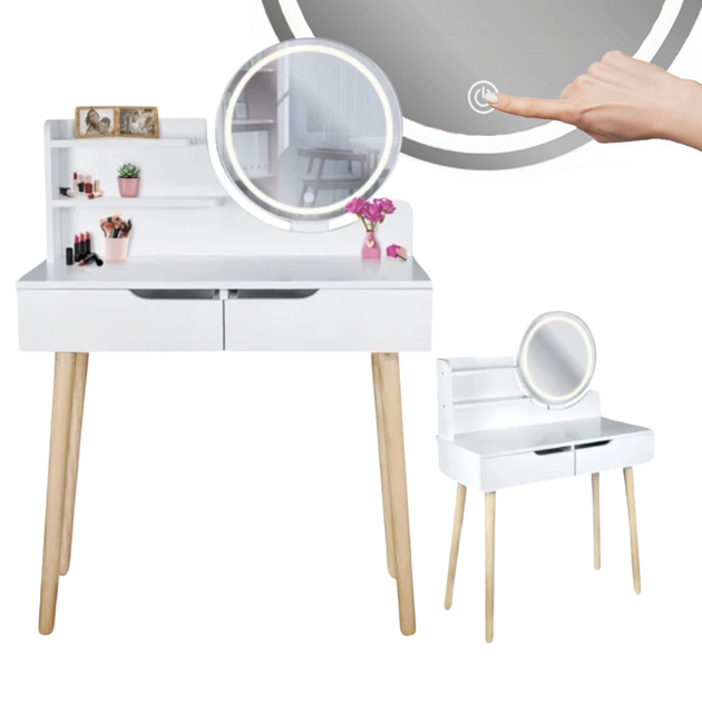 Туалетный столик Jumi Scandi белый 2 ящика зеркало LED-подсветка для спальни макияжа - изображение 8
