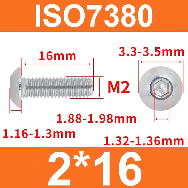 Винт ISO7380 M2*16 с полукруглой головкой и внутренним шестигранником, нержавеющая сталь 304 - изображение 2