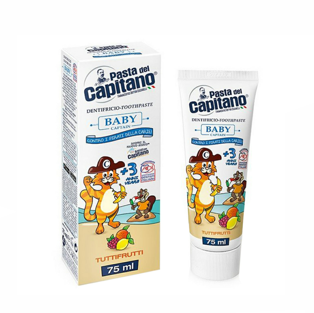 Детская зубная паста Pasta del Capitano Baby от 3 лет (вкус тутти-фрутти), 75 мл — содержит фтор, кальций, ксилит и цинк - Фото 3 Детская зубная паста Pasta del Capitano Baby от 3 лет (вкус тутти-фрутти), 75 мл — содержит фтор, кальций, ксилит и цинк - изображение 3
