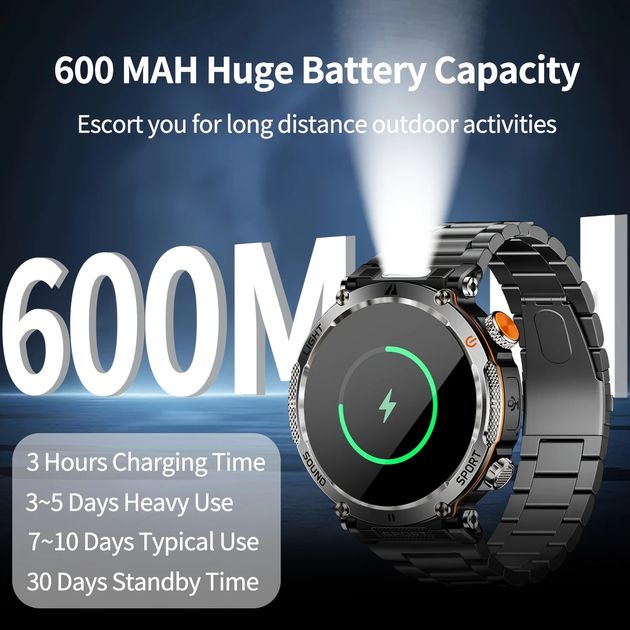 Смарт годинник з компасом тактичний HT30 Steel, IP68, ліхтар, екран 1,7'' HD, батарея 600 мАг - Фото 6 Смарт годинник з компасом тактичний HT30 Steel, IP68, ліхтар, екран 1,7'' HD, батарея 600 мАг - зображення 6
