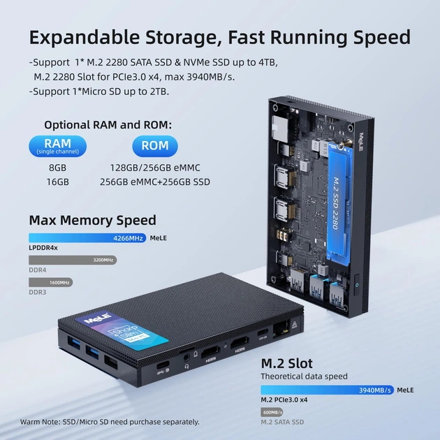 Мини ПК MeLE Quieter 4C / Intel Celeron N100 (3.4 ГГц) / RAM 8GB