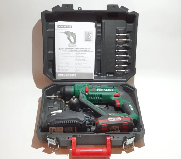 Акумуляторний перфоратор Parkside 20V Li-Ion 2Аh, 48Вт, 1Дж, SDS-plus, 4 швидкості, підсвічування, кейс, 3 свердла, біти, зарядний пристрій - Фото 2 Акумуляторний перфоратор Parkside 20V Li-Ion 2Аh, 48Вт, 1Дж, SDS-plus, 4 швидкості, підсвічування, кейс, 3 свердла, біти, зарядний пристрій - изображение 2