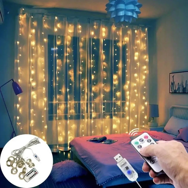 Гірлянда Крапля роси штора 3х2м с пультом светодиодная от USB, Жолтая LED LIGHT проводка Теплый белый цвет - Фото 3 Гірлянда Крапля роси штора 3х2м с пультом светодиодная от USB, Жолтая LED LIGHT проводка Теплый белый цвет - изображение 3