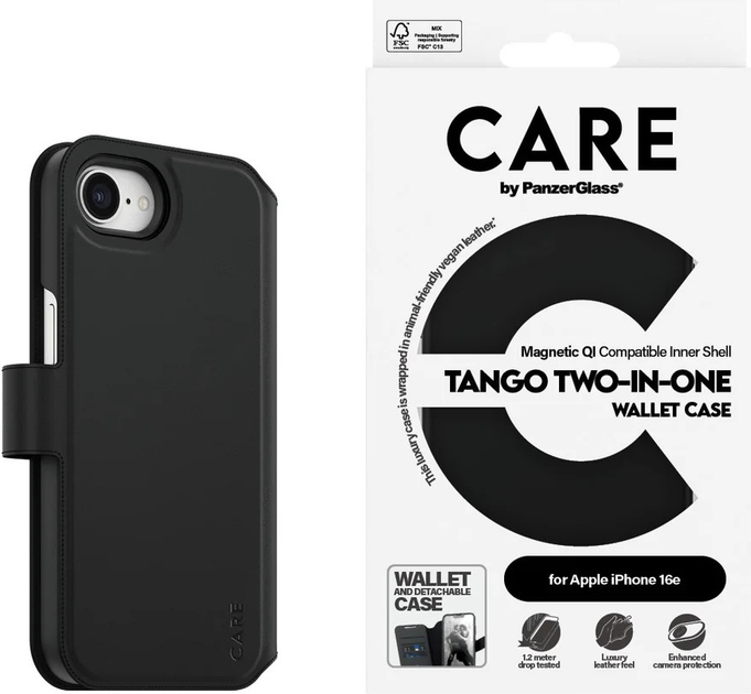 Чохол-книжка CARE by PanzerGlass Feature Case Tango Two-in-One Wallet w. Qi-Compatible для Apple iPhone 16e Black (CRRFTWLG29845) - зображення 3