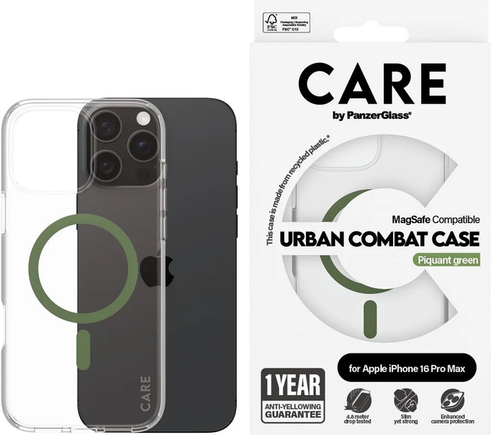 Панель CARE by PanzerGlass Flagship Case Transparent Urban Combat w. Green MagSafe для Apple iPhone 16 Pro Max (5715685004384) - зображення 3