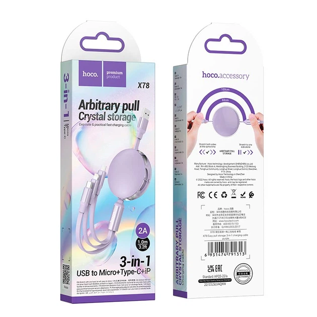 Кабель Hoco Combo Micro + lightning + Type-C Easy pull storage 3-in-1 X78 |1m, 2A| white - Фото 2 Кабель Hoco Combo Micro + lightning + Type-C Easy pull storage 3-in-1 X78 |1m, 2A| white - изображение 2