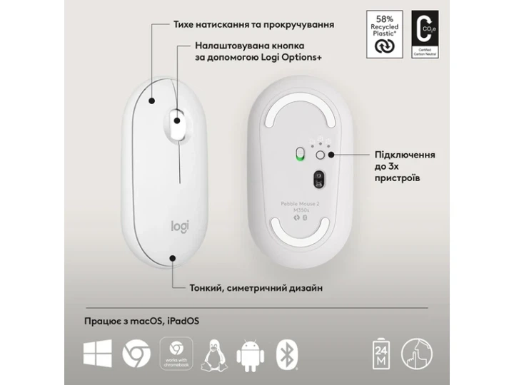 Миша Logitech Pebble M350s Tonal White (910-007013) - изображение 4