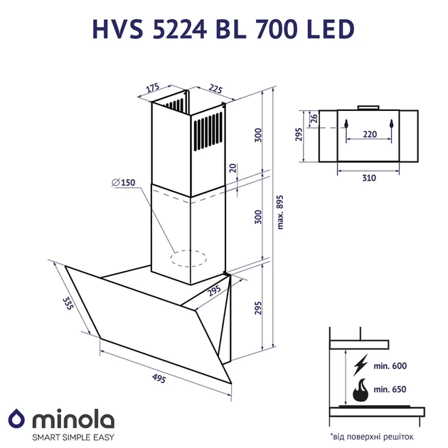 Кухонная вытяжка Minola HVS 5224 BL 700 LED, черная декоративная наклонная, с пультом ДУ, 700 куб.м., 49,5 см - изображение 4