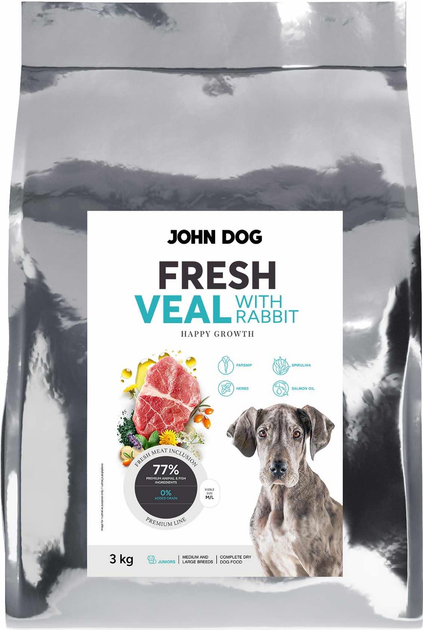 Sucha karma dla szczeniąt John Dog Fresh Junior Cielęcina z królikiem M/L 3 kg (5903769014521) - obraz 3