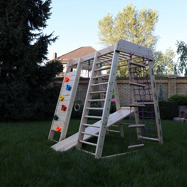 Детский деревянный уличный игровой спорткомплекс Акварелька- outdoor 2, шведская стенка, гладиаторская сетка, рукоход, горка, кольца, счета, скалодром, веревочная лестница, качеля - Фото 12 Детский деревянный уличный игровой спорткомплекс Акварелька- outdoor 2, шведская стенка, гладиаторская сетка, рукоход, горка, кольца, счета, скалодром, веревочная лестница, качеля - изображение 12