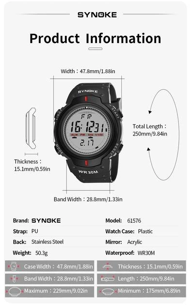 Годинник спортивний чоловічий Synoke Digital WR30M чорний - изображение 4