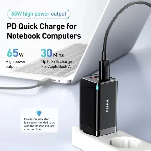 Зарядное устройство Baseus GaN5 Pro Fast Charger 65W.QC4.0+PD3.0 USB+2Type-C + кабель 100w быстрая зарядка ноутбука планшета - изображение 5