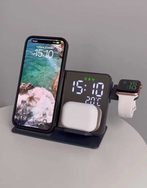 Беспроводная зарядка 5 в 1 для Apple iPhone Airpods Apple Watch series Зеркальная Док-станция Часы, Ночник - Фото 1 Беспроводная зарядка 5 в 1 для Apple iPhone Airpods Apple Watch series Зеркальная Док-станция Часы, Ночник - изображение 1