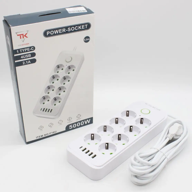 Удлинитель электрический Тк-9 (8×220В+4×USB+1×Type-C) F16u Chest сетевой фильтр с USB 3 м Белый (АК-5885) - Фото 9 Удлинитель электрический Тк-9 (8×220В+4×USB+1×Type-C) F16u Chest сетевой фильтр с USB 3 м Белый (АК-5885) - изображение 9