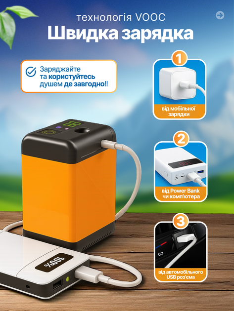Комплект Портативний душ на акумуляторі 7800 mAh туристичний похідний переносний з датчиком температури + Термометр-гігрометр кімнатний - зображення 4