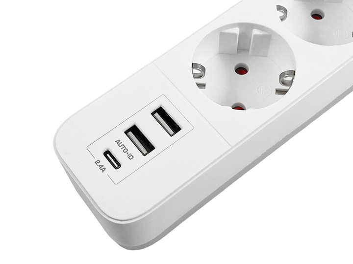 Мережевий подовжувач VIDEX ONCORD 2.4А 2USB+USB-C з вимикачем 3 розетки 3 м Білий (PD33G2U1C-W) - зображення 3