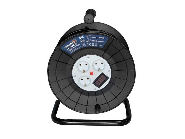 Удлинитель на катушке Lemanso LMK72012 50 м 3 розетки 16А с цифровым вольтметром 800-3000Вт - Фото 1 Удлинитель на катушке Lemanso LMK72012 50 м 3 розетки 16А с цифровым вольтметром 800-3000Вт - изображение 1