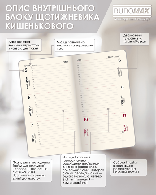 Еженедельник датированный Buromax 2026 Orion из искусственной кожи 85x153 мм 128 страниц Черный (BM.2895-01) - изображение 16