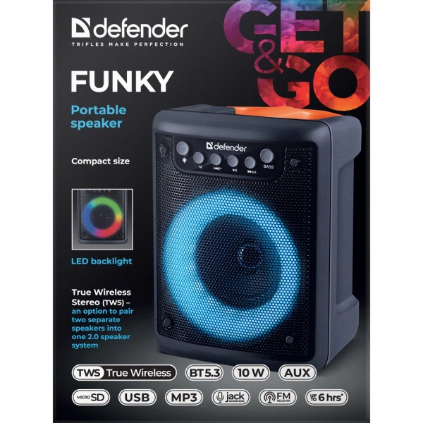 Портативна Bluetooth-колонка Defender Funky 10 Вт Light з FM-радіо, USB, MIC та AUX Чорна (65053) - зображення 7