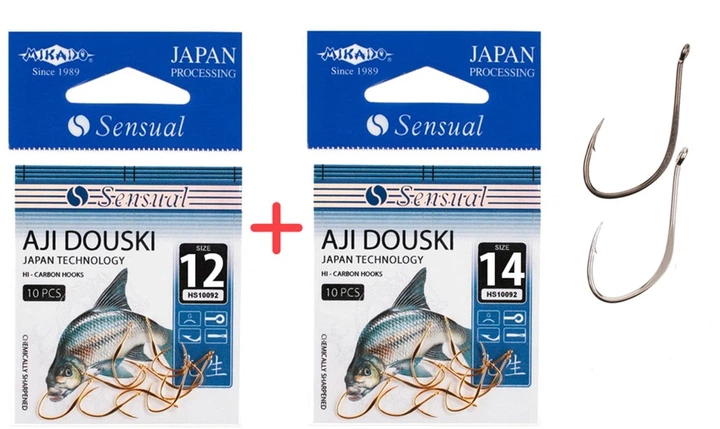 Набор крючков Mikado Sensual Aji Douski №12 и №14 (ушко) 2x10 шт. nickel + black nickel (HS10092-SET12N-14B) - Фото 1 Набор крючков Mikado Sensual Aji Douski №12 и №14 (ушко) 2x10 шт. nickel + black nickel (HS10092-SET12N-14B) - изображение 1