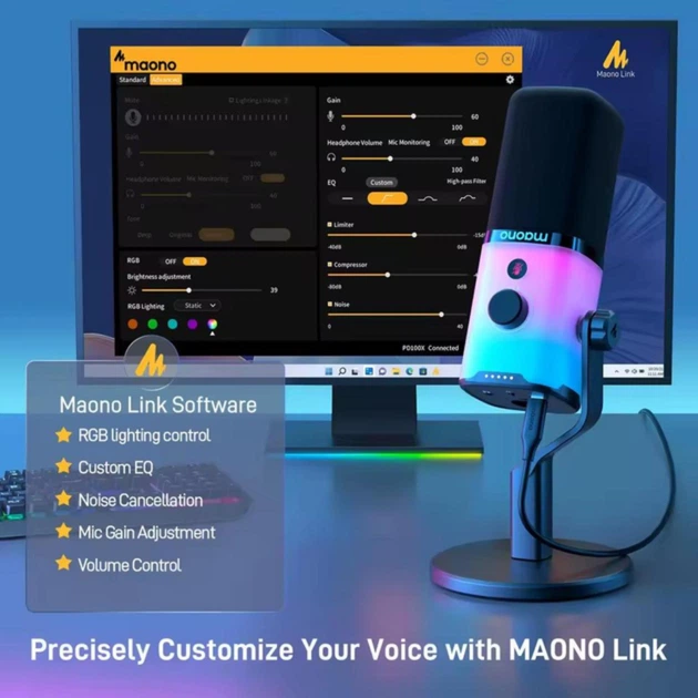 Микрофон динамический Maono PD100X RGB-подсветка Gaming Black USB/XLR - изображение 4