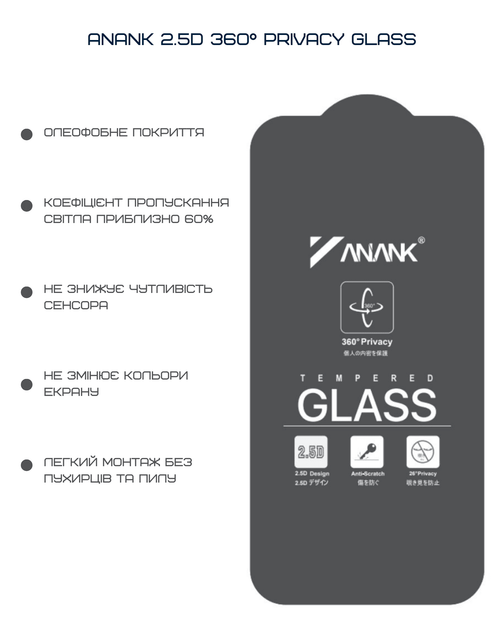 Защитное стекло Anank 2.5D 360° Privacy Glass for iPhone 16 Pro Max (2003208) - изображение 7