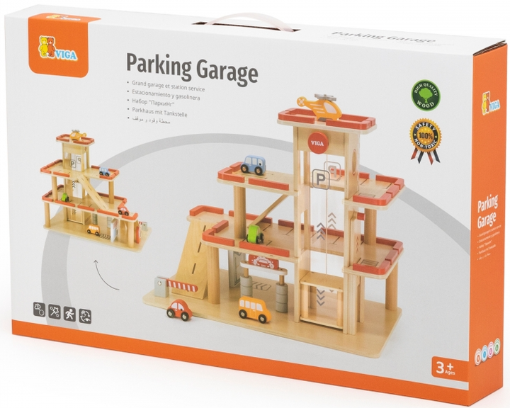 Drewniany zestaw do zabawy Viga Parking z windą, samochodzikami i helikopterem (6971608447631) - obraz 1