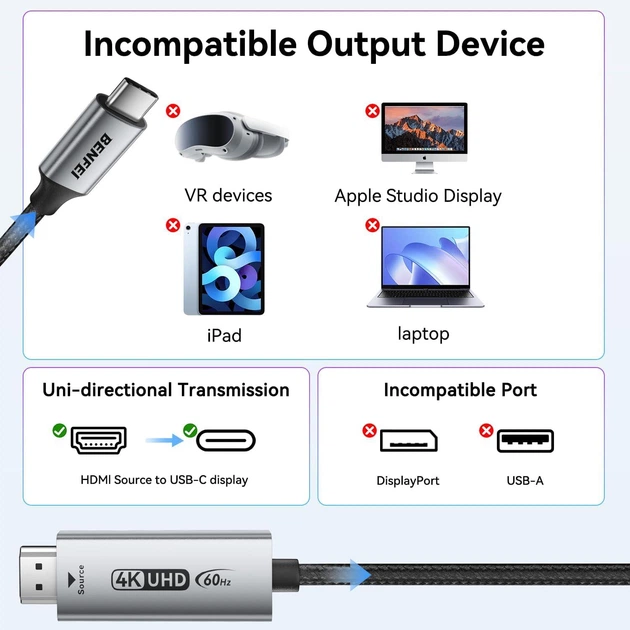 Кабель BENFEI HDMI to USB Type-C, 4K@60Hz, 2K@120Hz, 1.8м серый - Фото 6 Кабель BENFEI HDMI to USB Type-C, 4K@60Hz, 2K@120Hz, 1.8м серый - изображение 6