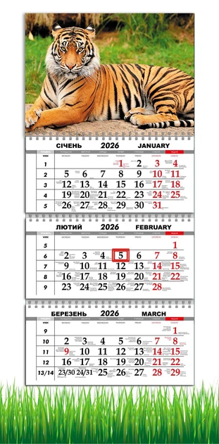 Календарь настенный квартальный на 2026 год на три пружины, Apriori , Тигр, Природа , 29,7х61см - Фото 1 Календарь настенный квартальный на 2026 год на три пружины, Apriori , Тигр, Природа , 29,7х61см - изображение 1