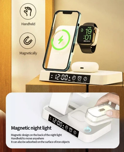 Беспроводная зарядка стенд + часы и ночник CasePro A37 4 в 1 Fast 30W white - изображение 6