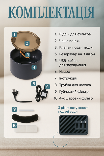 Автопоилка для кошек и собак, 3л / Бесшумный фонтанчик с фильтрацией и USB-питанием - изображение 4