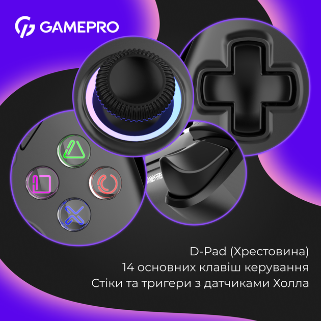 Бездротовий геймпад із зарядною станцією GamePro GPS20BDOC 2.4G/BT 5.1/USB (PS5/Switch/PS/PC/iOS/Android) RGB Black - зображення 11