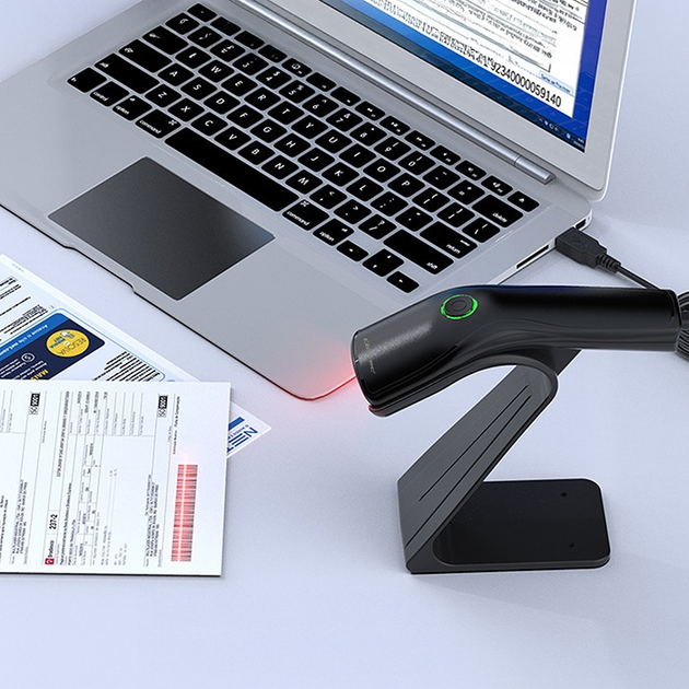 Skaner kodów kreskowych Qoltec 1D USB + stojak na skaner Czarny (5901878508528) - obraz 4