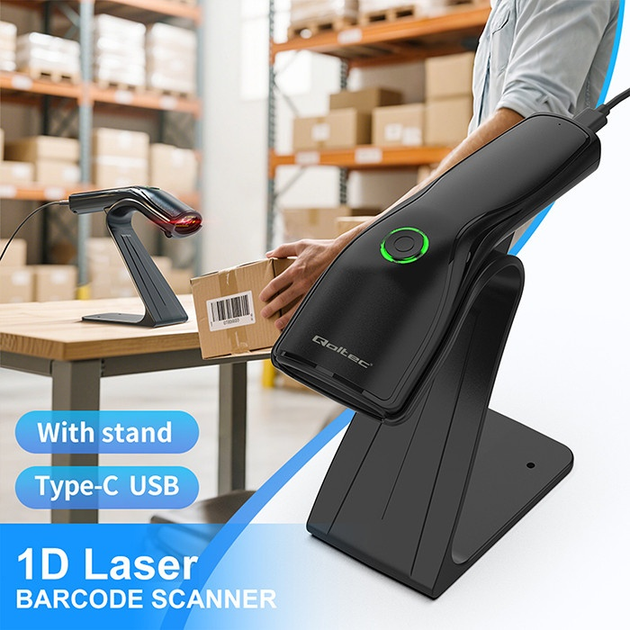 Skaner kodów kreskowych Qoltec 1D USB + stojak na skaner Czarny (5901878508528) - obraz 5