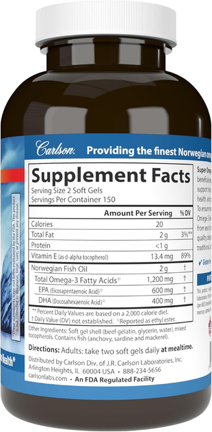 Омега-3, рыбий жир, Wild caught Super Omega-3 Gems, Carlson Labs, 1200 мг, 300 капсул (CAR-01523) - изображение 6