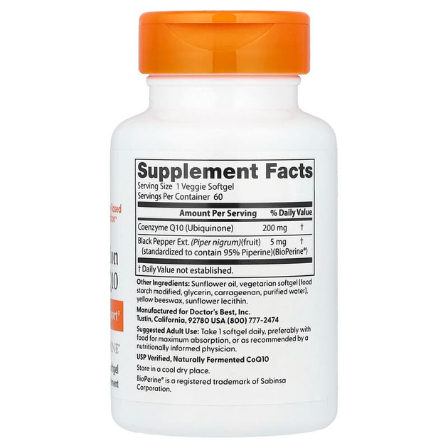Коэнзим Q10 высокой абсорбации, BioPerine, Doctor's Best, 200 мг, 60 желатиновых капсул (DRB-00412) - изображение 2