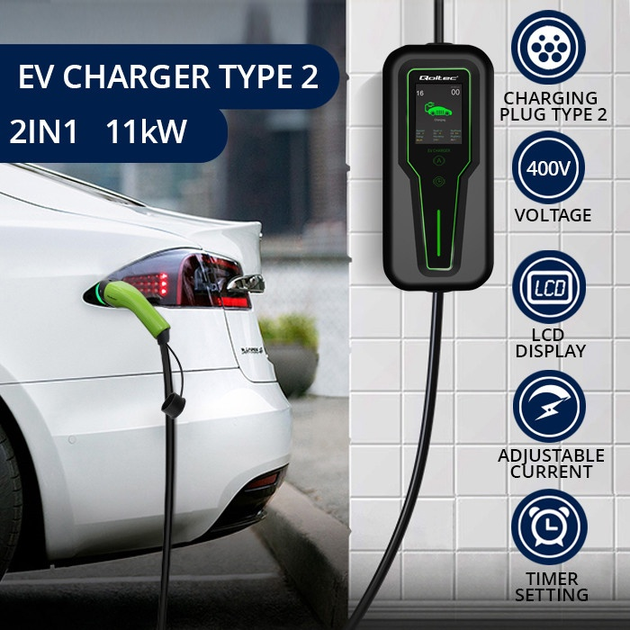 Мобільний зарядний пристрій для електромобілів Qoltec EV з регулюванням 2 в 1 Type 2 11 кВт 5 м (5901878524672) - зображення 7
