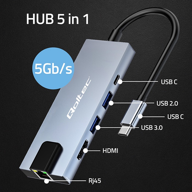 USB Hub Qoltec Hub Adapter USB-C PD 100 W 5 in 1 Grey (5901878537955) - obraz 7