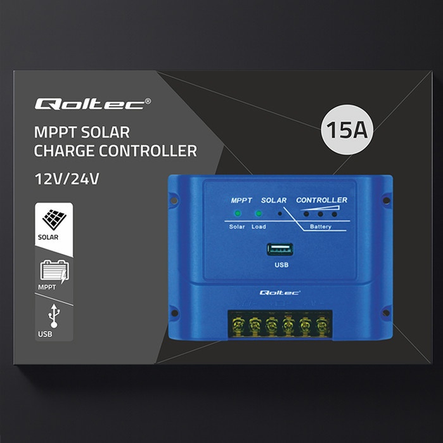 Контролер заряду сонячної батареї Qoltec MPPT 15 A для живлення споживачів постійного струму та заряджання акумуляторів 12 В / 24 В (5901878536668) - зображення 8