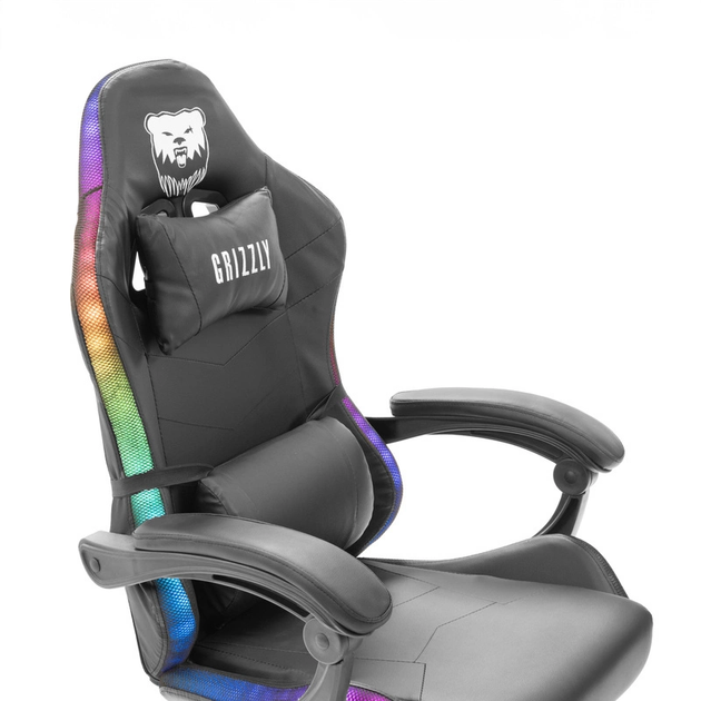 Геймерское кресло Grizzly с RGB LED подсветкой (12 режимов), Черное - изображение 5