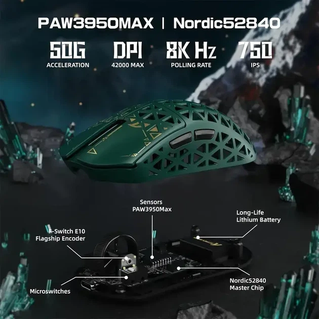 Игровая мышь ATTACK SHARK R5 Ultra Green (PAW3950MAX, 8000 Гц, 39 г, 2.4G/Bluetooth/USB-C) - изображение 4
