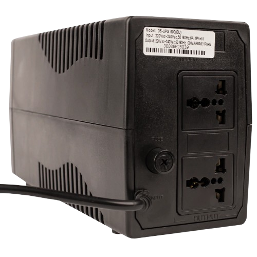 Источник бесперебойного питания Hikvision DS-UPS600/EU, 360Вт, линейно-интерактивный, с аккумулятором 12В 7А·ч, 2x универсальные розетки, черный, защита электрооборудования и стабилизация напряжения - изображение 3